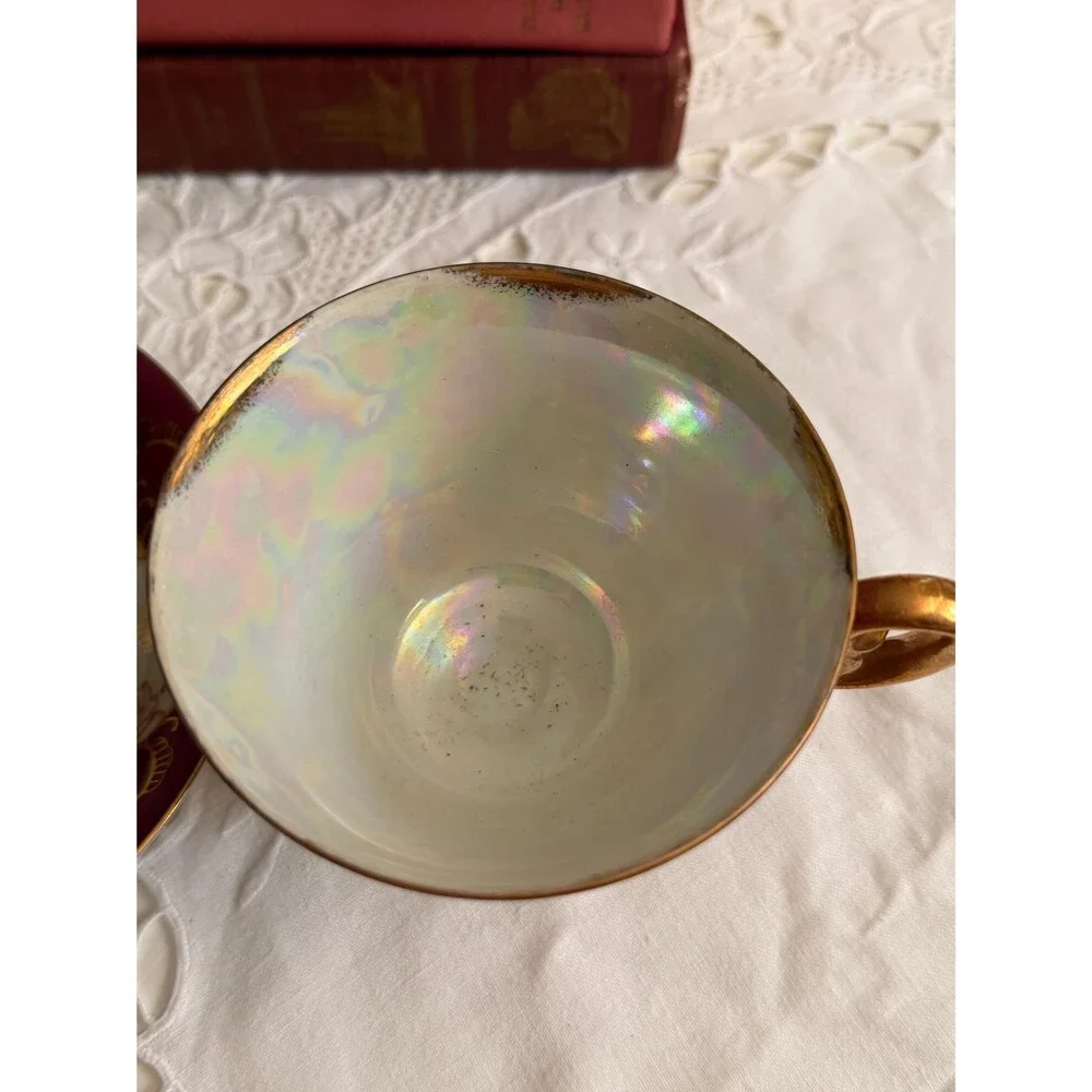 Royal Sealy Lusterware Teacup Saucer, Ruby Red Pedestal China, Gold Gilt Cottage